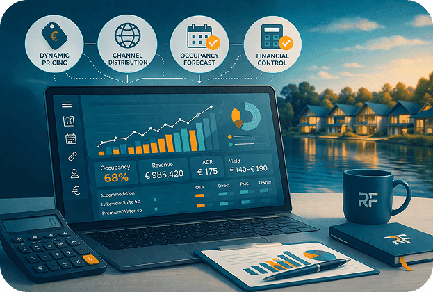 Laptop displaying revenue and performance dashboards for holiday rentals