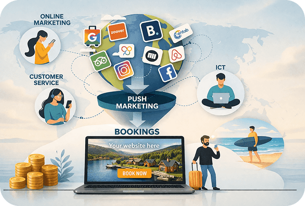 Illustration showing digital marketing, bookings and online channels.