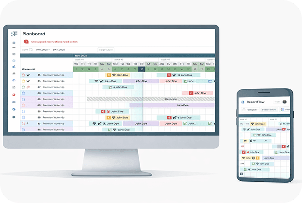 Hospitality software dashboard shown on desktop and mobile devices.